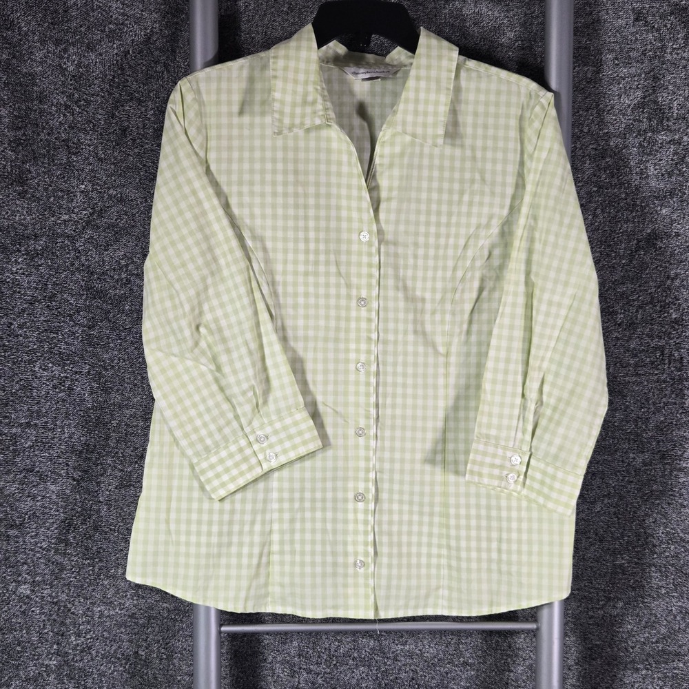 Christopher & Banks Green Gingham 3/4 Sleeve Button Down Shirt Womens Medium